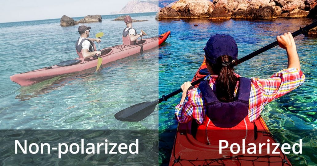 Two side by side images showing non-polarized vs polarized sunglasses